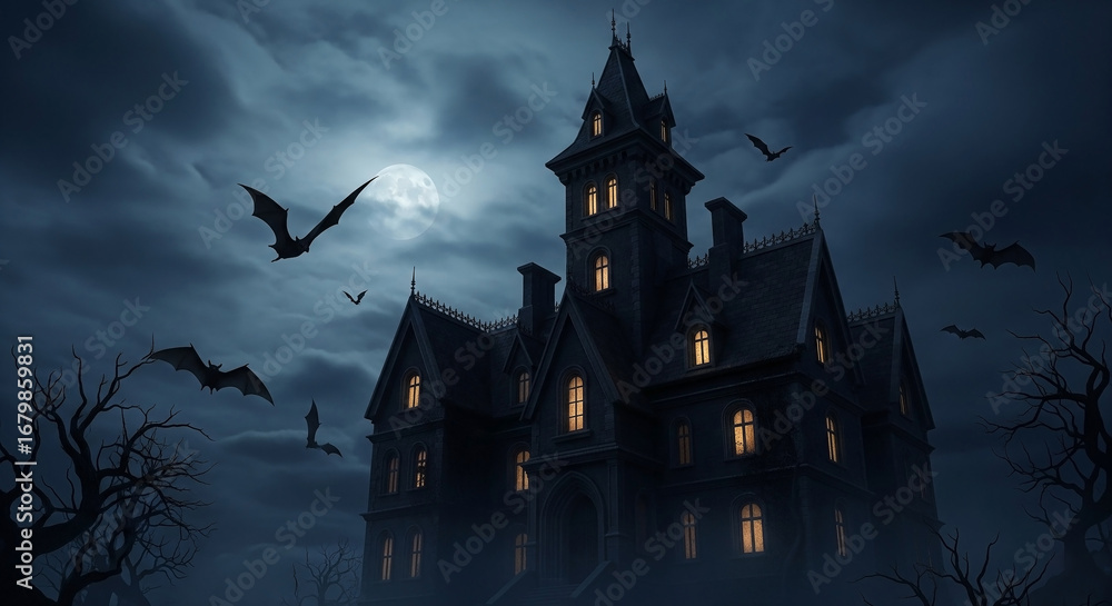 Fototapeta premium A spooky gothic mansion shrouded in mist under a full moon, with bats flying on a dark and terrifying Halloween night