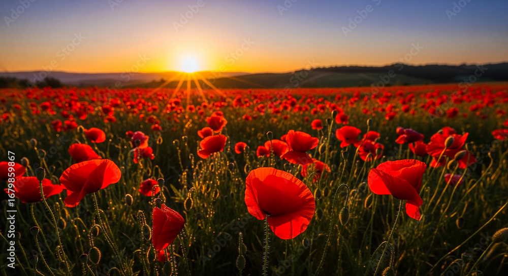Obraz premium Golden Sunrise Over a Field of Red Poppies A Vibrant Nature's Canvas