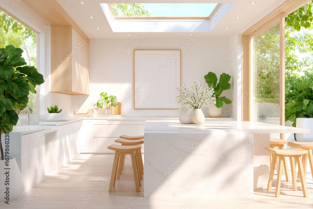 Fototapeta premium A bright and airy kitchen with a large island a few stools and a large blank frame on the wall providing an excellent mockup for home art and design