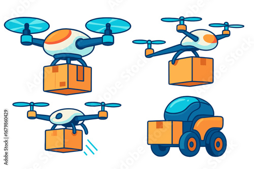 Set of drone and robot delivering packages. Autonomous delivery vehicle, quadcopter with box. Future logistics, e-commerce, shipping technology. Vector cartoon illustration.