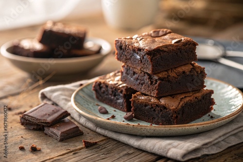 Chocolate brownies stacked with powdered sugar, close-up
