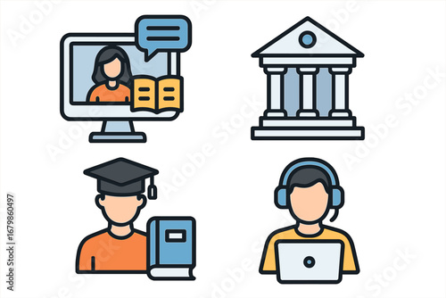 Online education and e-learning icon set. Student, university, webinar, and graduation symbols. Vector illustration for distance learning, digital courses, and school concepts.
