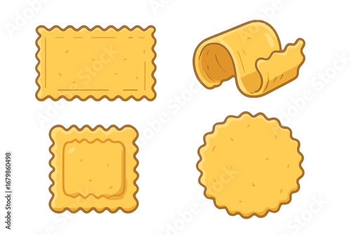 A set of various fresh pasta dough sheets for lasagna and ravioli. Uncooked raw Italian food ingredients for homemade culinary dishes. Vector cartoon illustration collection.