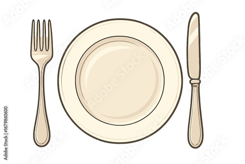 Elegant table setting with a white plate, fork, and knife. Dining etiquette concept. Restaurant dinner service. Food, lunch, and supper meal. Vector cartoon illustration.