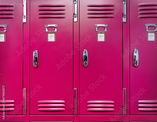 a vibrant pink locker featuring two doors with handles and a note attached to the surface
