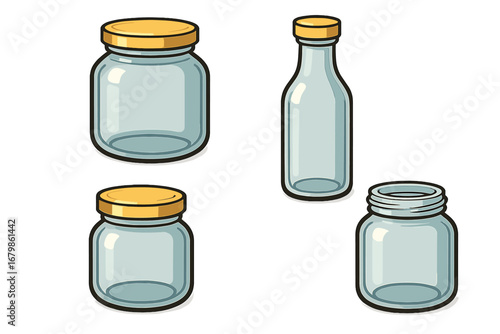 Vector set of empty glass jars and bottle with gold lids. Kitchen containers for storage, preserving, and canning food like jam or pickles. Craft supply cartoon illustration.