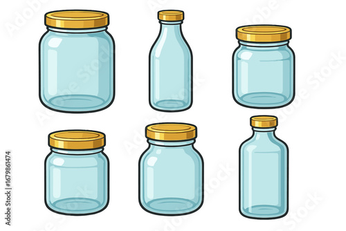 Set of empty glass jars and bottles with golden lids. Vector cartoon illustration for kitchen storage, food preservation, canning, or craft projects. Reusable container concept.