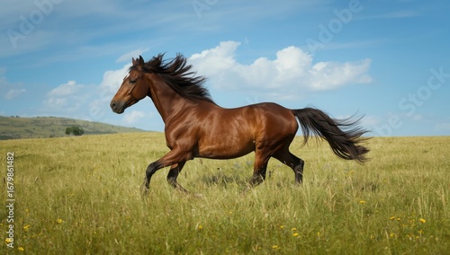 Majestic brown horse galloping freely through a sunlit grassy meadow under a blue sky