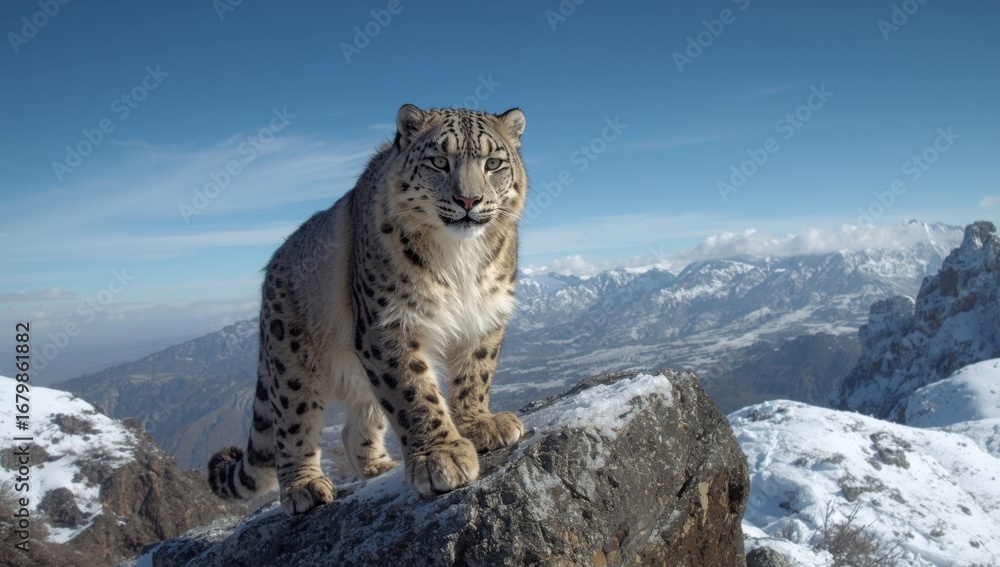 Obraz premium Majestic snow leopard surveys snowy mountain landscape under clear blue sky, a powerful symbol of resilience