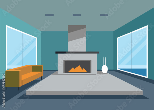 Flat vector illustration of a modern interior design showcasing furniture and decor elements in a stylish layout