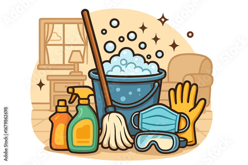 Hygiene and health practices. Home cleaning supplies, protective gear. Disinfection, sanitation for virus prevention. Housekeeping concept with mop, bucket, gloves, mask, goggles.