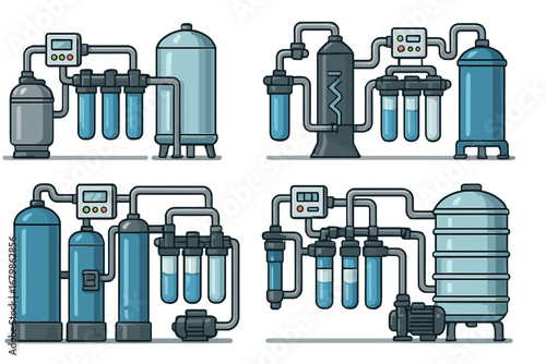 Industrial water purification system set. Filtration, reverse osmosis technology. Laboratory water treatment equipment with pipes, pump, tanks. Vector cartoon icons collection.