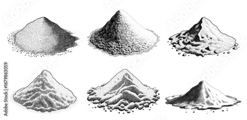 Piles of powder in a stippled engraving style, in black and white, representing spices, flour, or chemical substances