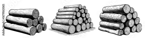 Stacks of logs in a woodcut style, black and white, representing firewood or lumber