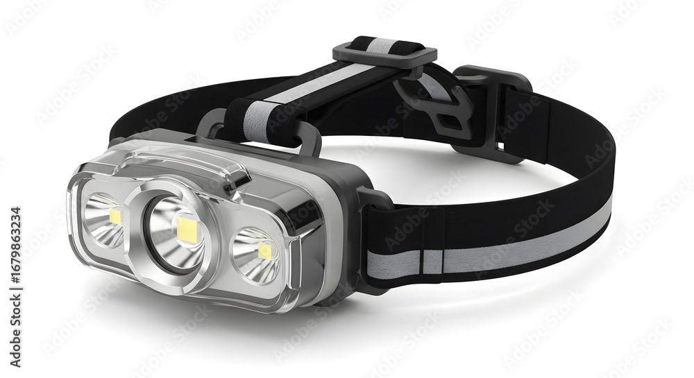 Fototapeta premium Bright LED Headlamp with Reflective Strap on White Background, Essential Gear for Outdoor Adventures and Hands-Free Lighting