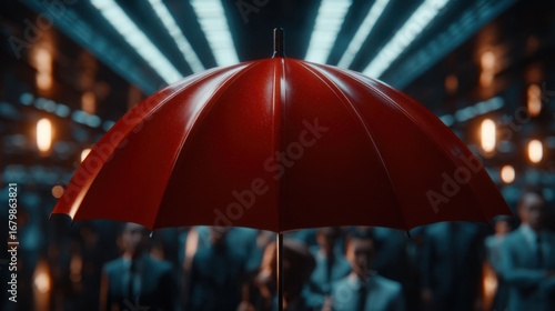 Wallpaper Mural A vibrant red umbrella symbolizes protection amidst a crowd, conveying security and reassurance. Ideal for insurance and safety concepts. Torontodigital.ca
