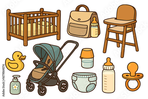 Set of cartoon nursery essentials for a newborn baby. Vector icons of crib, stroller, high chair, diaper bag, pacifier, bottle. Flat isolated design for a baby shower.