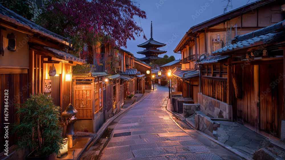 Fototapeta premium 京都の町家と石畳が灯る夕景の路地