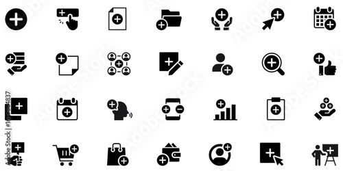 Add Icons set vector illustration collection includes essential symbols for creating and joining, new, add file, folder, augmentation, task, positive, duplicated, include, extra, schedule, notes, more