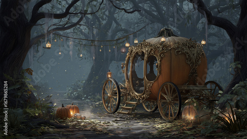 森道に佇むハロウィンのカボチャ馬車