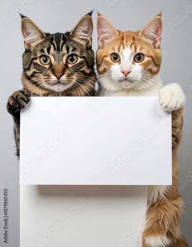 Two adorable cats hold a blank sign against a neutral backdrop, showcasing their expressive faces and paws.