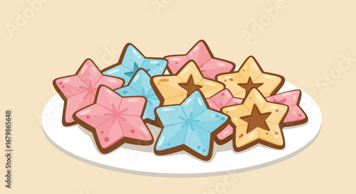 Colorful Star Cookies on a Plate Sweet Treat Illustration.