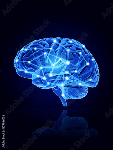 Abstract glowing blue brain with interconnected nodes, symbolizing neural network and artificial intelligence in a dark background