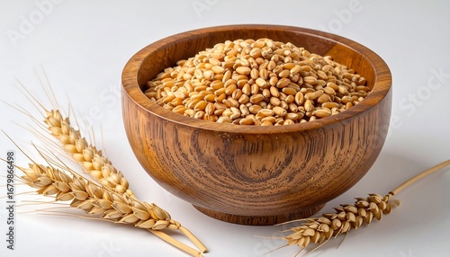 A wooden bowl filled with wheat kernels, alongside two wheat stalks, displays a simple, natural composition against a plain white background.