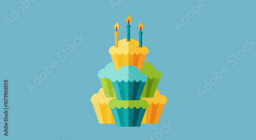 Stacked Birthday Cupcakes with Candles Illustration on Blue Background.