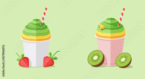 Two Fruit Smoothies with Strawberries and Kiwi in White and Pink Cups on Light Green Background.