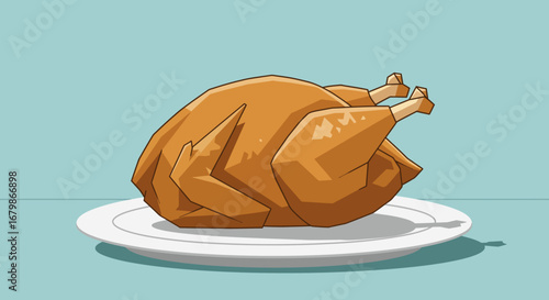 Cartoon Roasted Turkey on a White Plate.