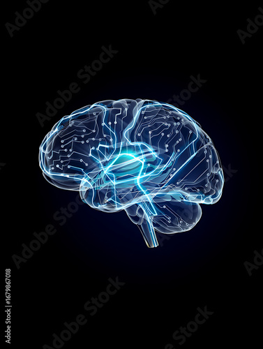 Closeup of a transparent, glowing blue digital brain with intricate circuits, representing advanced ai and technology on black background