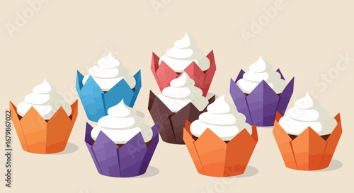 Colorful Cupcakes with White Frosting in Decorative Wrappers.