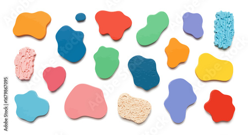 Colorful Abstract Shapes with Textured Surfaces and Soft Shadows.