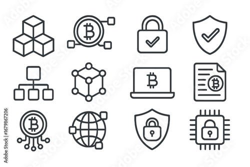 Blockchain technology outline icon set. Digital currency and crypto finance concepts. Vector icons for bitcoin, security, network, transaction, data, and decentralized systems.