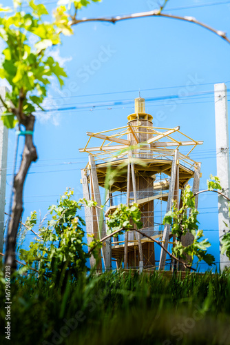 Beautiful wooden lookout, the highest point of Medimurje region mountains, rising above wonderful vineyards in continental Croatia