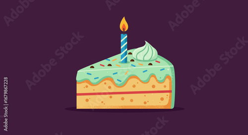 Cartoon Birthday Cake Slice with Candle and Sprinkles.