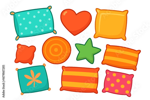 Set of colorful decorative pillows and cushions. Vector cartoon collection of various soft pillow shapes for home decor. Cozy home interior elements isolated on white background.