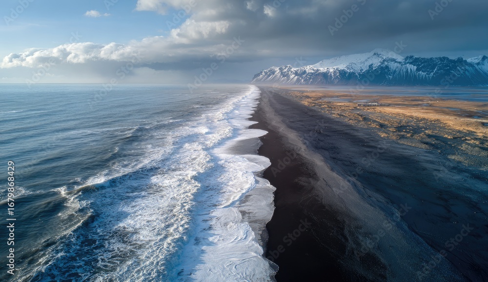 Obraz premium Dramatic black sand beach meets ocean