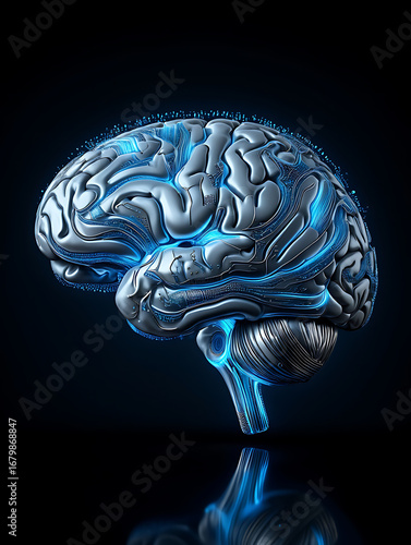 Detailed metallic human brain with glowing blue neural pathways and light particles, set against a dark reflective background