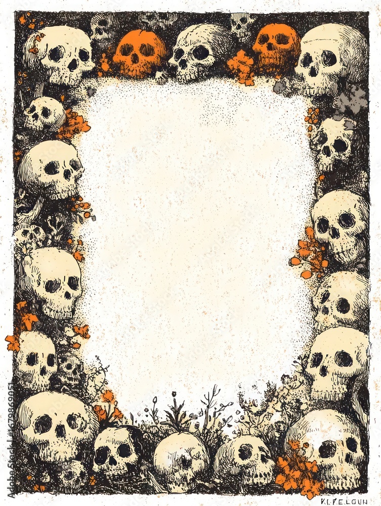 A border of grunge skull on each side A border of grunge skull on each side