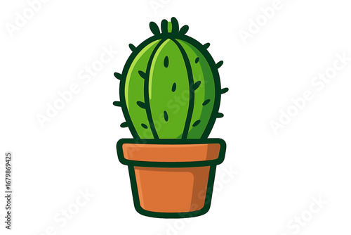 Cartoon cactus in a terracotta pot. Vector illustration of a cute succulent houseplant. Simple, flat design icon for nature, desert, or botanical themes. Isolated graphic element.