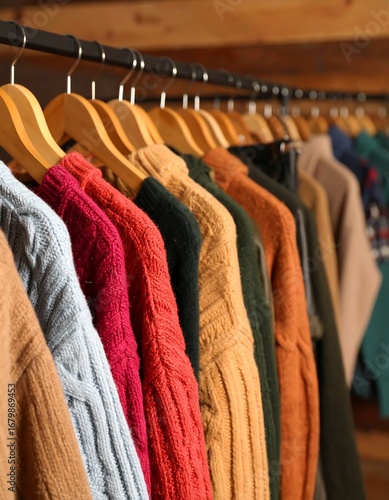Colorful sweaters on hangers