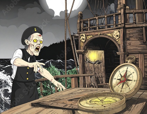 Zombie sailor on a stormy ship