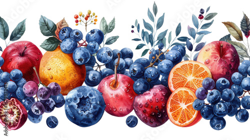 Fresh red apples and juicy green grapes are among many ripe fruits and berries on a white isolated background