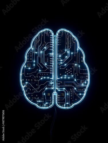 Top view of a stylized brain made of glowing blue electronic circuits on a black background, symbolizing artificial intelligence and technology