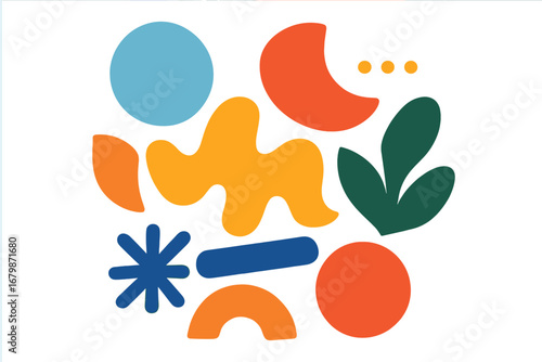 Colorful abstract shapes, modern trendy vector illustration. Hand drawn various doodle objects. Contemporary minimalist background with geometric and organic elements composition.