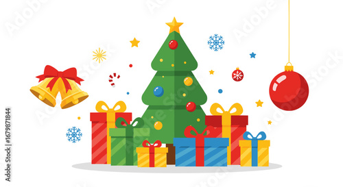A christmas tree with gifts and bells on a black background