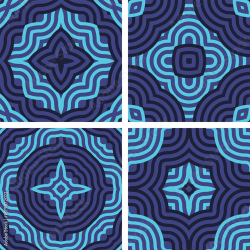 A visually appealing pattern of blue and black stripes with a prominent flower, blending modern and natural aesthetics.