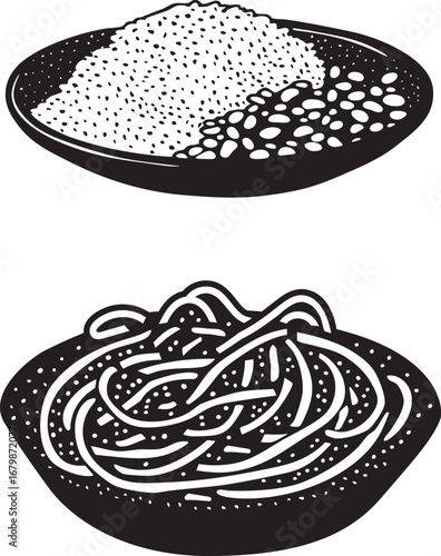 Two Plates of Brazilian Food in Woodcut Style – Rice, Beans and Pasta – Black and White Vector